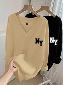 EMERY ROSE 2 piezas Sudadera de felpa con cuello en V de unicolor para mujer talla grande con estampado de NY, versátil para otoño/invierno