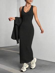 Flirla Solid Color V-Neck Ribbed Knit Long Sleeve Top And Skirt Set - Black - View 3