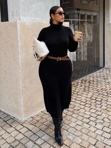 SHEIN Privé 大码舒适休闲简约高领宽松厚实保暖毛衣女装，黑色，冬季