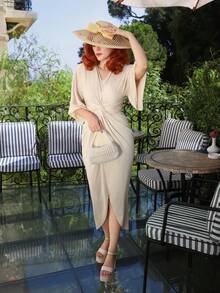 Gretanique Elegant Knitted High Stretch V-Neck Twist Design Batwing Sleeve Midi Dress For Women - Apricot - View 1