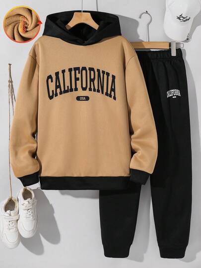 SHEIN Set de 2 piezas de sudadera con capucha y pantalón jogger casual para adolescentes varones, con estampado de logotipo de letras y bloques de color, versátil para el hogar, ir y venir, escuela, uso diario casual, viajes, fiestas al aire libre, otoño/invierno
