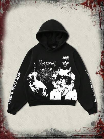 The Conjuring X ROMWE Sudadera con capucha con patrón gráfico de figura de dibujos animados para hombre, otoño e invierno