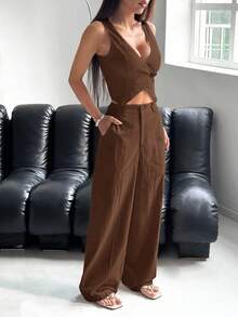 SHEIN EZwear 女士秋冬休闲棕色单排扣背心和裤子套装 - 棕色 - 查看 6