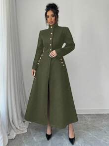 Selianne Women's Solid Color Regular Shoulder Long Sleeve Fashionable Turtleneck Long Overcoat - Army Green - View 1