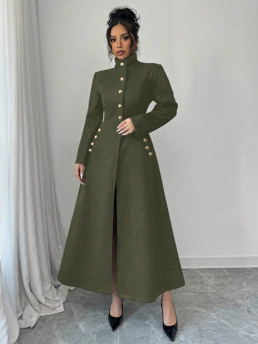Selianne Women's Solid Color Regular Shoulder Long Sleeve Fashionable Turtleneck Long Overcoat - Army Green - View 1