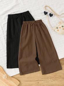 SHEIN LMoss Kids 2件套少女梭织纯色宽松休闲裤套装 - 咖啡棕 - 查看 5