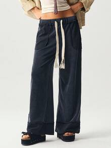 Bohemela 女士休闲纯色针织宽松阔腿水洗裤 - 黑色 - 查看 5