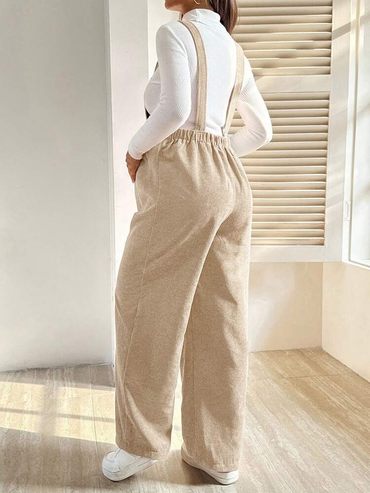 SHEIN Maternity Solid Color Pocket Design Wide Leg Loose Casual Jumpsuit, Autumn Maternity Corduroy Overalls Maternity Jumpsuits For Woman Maternity Overalls Maternity Clothes Pants Pregnancy Pants - Apricot - View 2