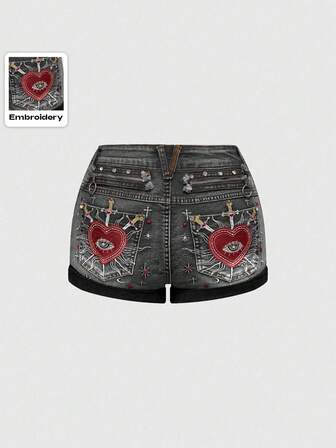 Fairycore Plus Size Gothic Lolita Style Low Waist Denim Shorts With Heart Embroidery, Rhinestone, Crystal Teardrop And Star Decor