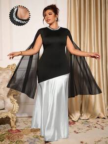 Allurite Vestido de cóctel elegante y romántico de gasa con parches y perlas, de estilo retro francés, para mujer de talla grande - Negro - Ver 3