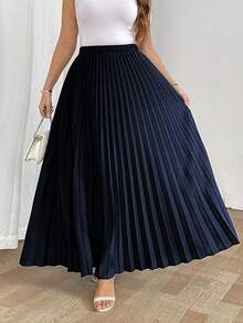 SHEIN Tall 优雅休闲度假女式宽松百褶裙，松紧腰，黑色，加大码 - 藏蓝色 - 查看 5