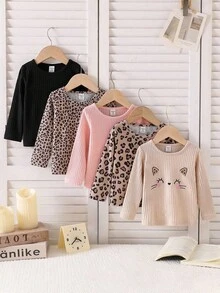 SHEIN 5pcs/Set Baby Girls' Casual Cute Ribbed Cat Embroidery & Leopard Print Tops Fall Winter - Multicolor - View 1