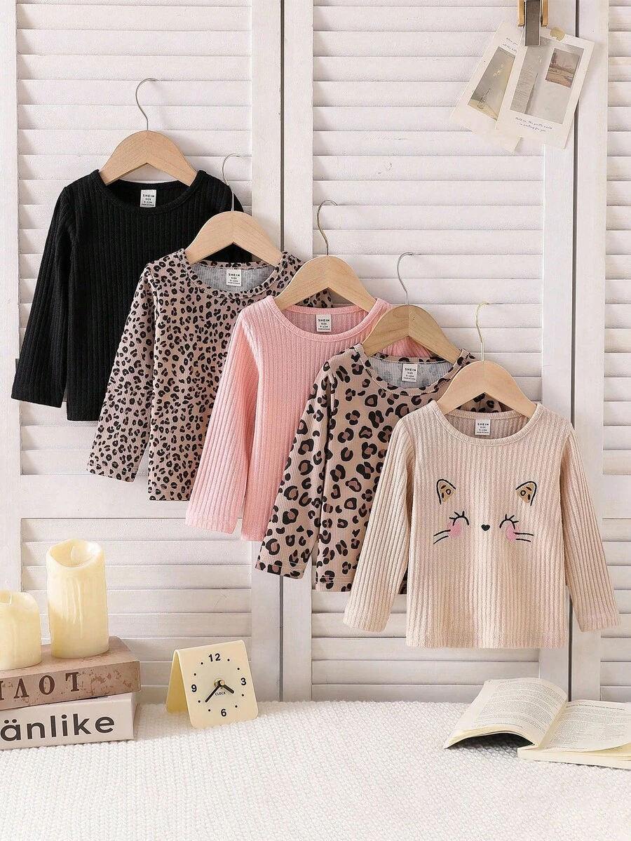 SHEIN 5pcs/Set Baby Girls' Casual Cute Ribbed Cat Embroidery & Leopard Print Tops Fall Winter - Multicolor - View 1