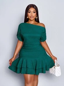 SOLERSUN Women's Elegant Party Daytime Apricot Knitted Asymmetrical Neck Neck Long Sleeves Gathered Double Ruffle Mini Dress