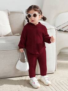 SHEIN Newborn Baby Girl Knitted Soft Crew Neck Long Sleeve Pullover Sweatshirt And Long Pants 2-Piece Outfit Set