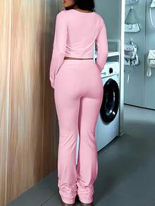 INAWLY Blusa curta sólida e calça de perna larga com cintura de cordão - Rosa - Ver 2