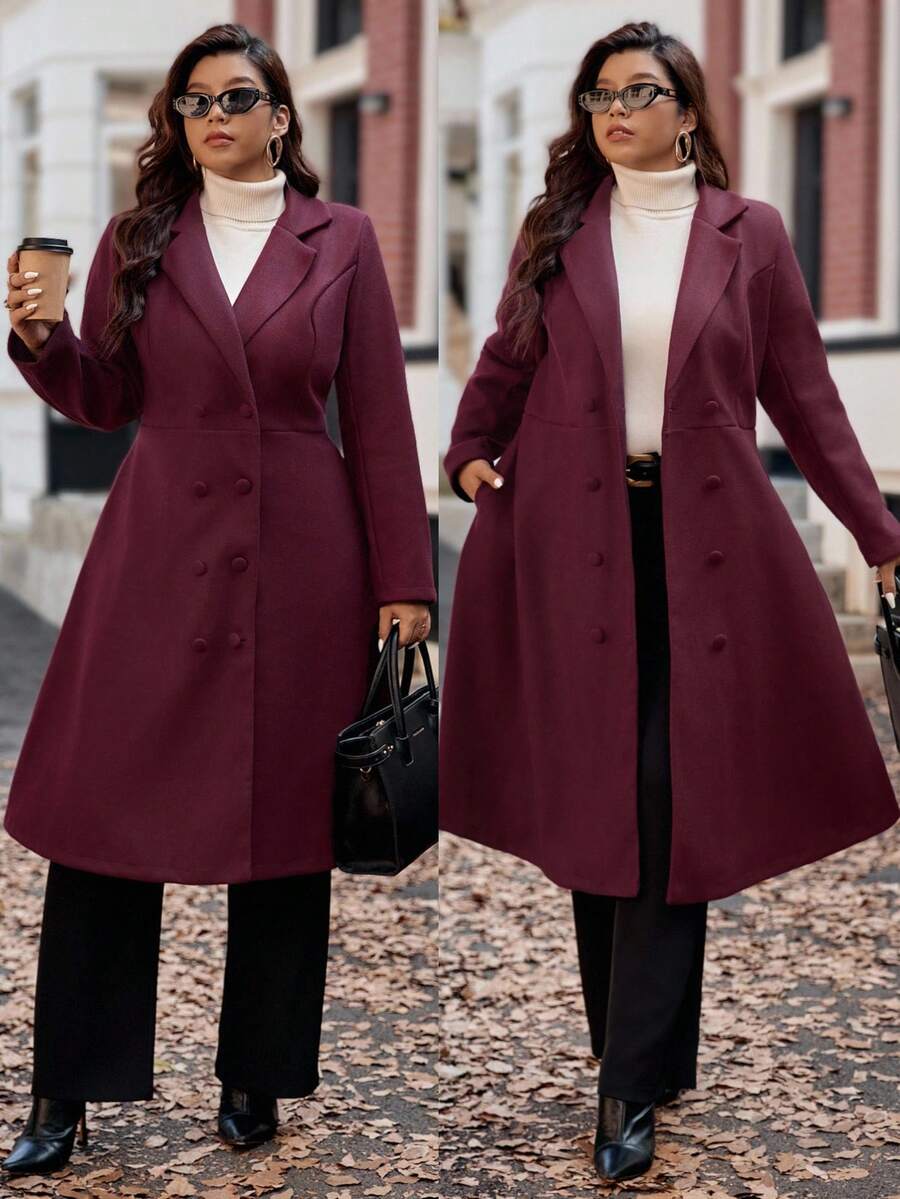 Vionelle Christmas Plus Size 1 Piece Woven Lapel Collar Solid Color Slimming Retro Elegant Long Flared Sleeve Women Overcoat Jacket Winter Autumn Fall - Burgundy - View 1
