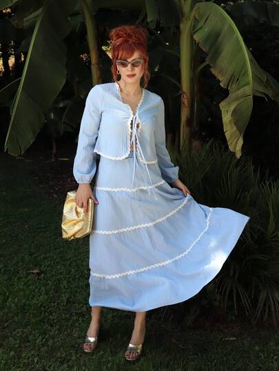 Gretanique 2pcs/Set French Elegant Lantern Sleeve Layered Ruffle Bowknot Blouse & Skirt