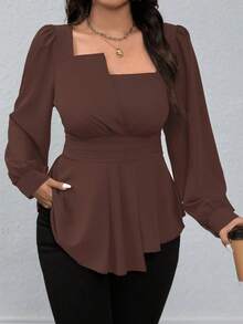 SHEIN LUNE Kemeja Lengan Panjang Kasual Ukuran Besar dengan Kerah Persegi, Warna Polos, dan Hem Bergelombang, Atasan Peplum untuk Natal - Coklat - View 1