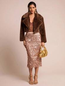 Glamine Retro Coffee Mink Collar Cropped Jacket - Coffee Brown - View 3