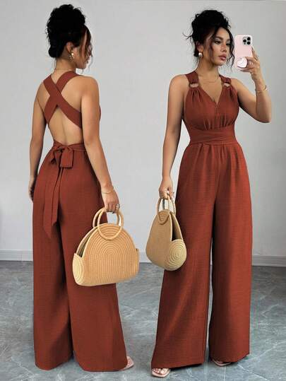 Selianne Mono de pierna ancha con cuello en V y cintura con lazo, azul, mono para mujer, atuendo casual de verano, ropa de vacaciones para mujer