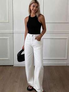 Dazy Tall Jeans anchos de pierna ancha de unicolor sueltos, versátiles y casuales para uso diario y viajes - Blanco - Ver 3