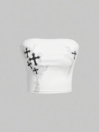 Grunge Punk Top Bandeau Imprimé Croisé Pour Femme