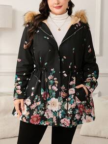 Reflora 加大码花卉印花保暖内衬连帽夹克，秋冬款，黑色印花保暖内衬派克大衣，保暖冬季派克大衣，毛领抽绳腰部派克大衣，秋冬厚连帽外套，女士休闲保暖长款外套，黑色定位印花保暖内衬派克大衣，保暖连帽毛领抽绳腰部夹克，休闲冬季外套 - 彩色 - 查看 7