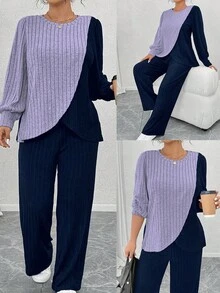 EMERY ROSE Bộ đồ mặc nhà 2 món, áo len dệt kim mềm cổ tròn tay dài họa tiết sọc màu khối cỡ lớn, chắp vá bất đối xứng và quần ống đứng kẻ sọc dệt kim mềm - Nhiều màu - Xem 1