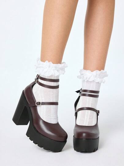 Kawaii Women's Brown Closed Toe Chunky Heel Mary Jane Shoes With Ankle Strap, Waterproof Platform, Multi-Strap, Party Dress Pumps