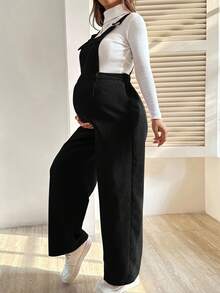 SHEIN Black Long Maternity Jumpsuit Overalls For Pregnant Women Plain Woven Fabric With Straps And Button Details - Black - View 5