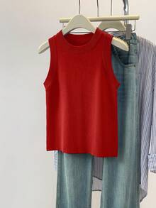 SHEIN Áo len cổ tròn không tay đơn sắc, thoải mái, đa năng dành cho nữ - Màu Đỏ Sâu - Xem 3