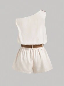 SHEIN MOD Bộ đồ liền thân vai bất đối xứng màu mơ cỡ lớn cho nữ, bộ đồ liền thân ống rộng buộc eo màu kaki có thắt lưng, trang phục đi nghỉ cho nữ, trang phục công sở thường ngày cho nữ, trang phục cho nữ, bộ đồ liền thân, thập niên 70, cổ điển, để đi chơi - Màu be - Xem 3