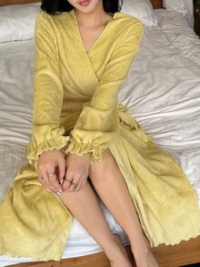 DAZY Women's Long Striped Textured Fleece Robe With Ruffle Hem, Autumn/Winter, Fall Winter Pajama, Cozy Outfit