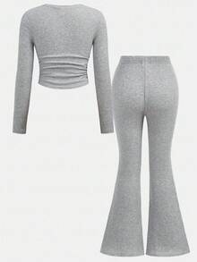 SHEIN Tween Girls Solid Color Round Neck Long Sleeve T-Shirt And Pants 2-Piece Set Fall Winter - Grey - View 4