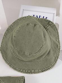 SHEIN 女婴优雅休闲牛仔短袖连体衣，带渔夫帽，夏季服装 - 軍綠色 - 查看 4