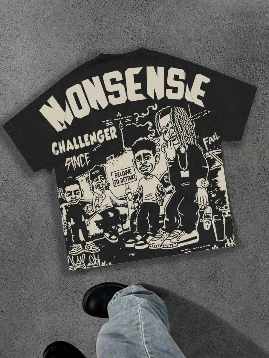 SHEIN Tween Boy 休闲风格涂鸦图案 T 恤,带有星星、肖像、字母印花,运动和街头风格,Y2K 短袖圆领 T 恤,适合夏季 - 彩色 - 查看 1