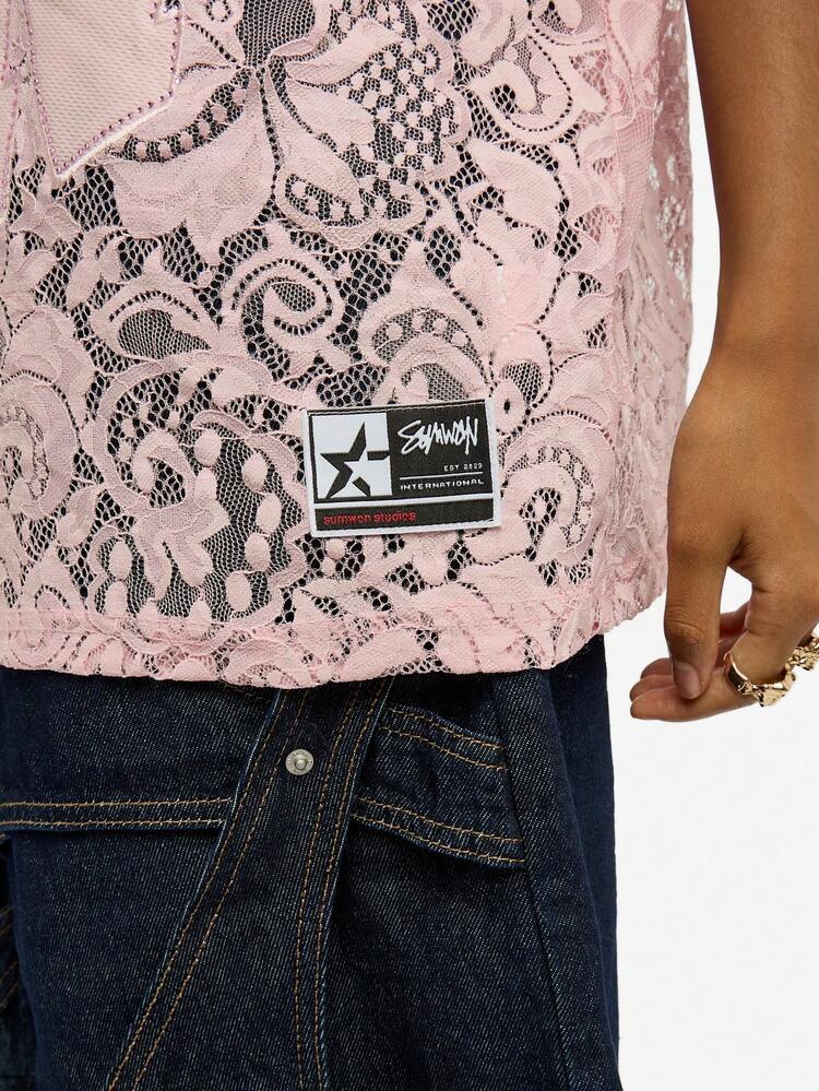 SUMWON Lace Panelled Jersey Top With V-Neck And Short Sleeves