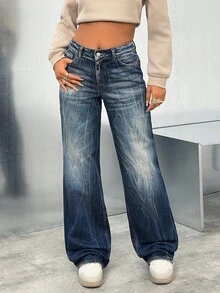 EURMUSE Quần jean ống đứng cạp trễ họa tiết giặt - Rửa tối - Xem 5