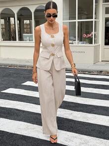 SHEIN Tall 女式条纹无袖上衣和裤子两件套，高品质金属扣设计，秋季 - 米色 - 查看 6