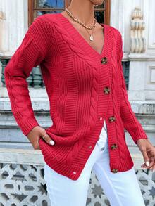 EURMUSE Damski jednokolorowy kardigan z dekoltem w serek i guzikami z przodu, dzianinowy, swobodny, z długim rękawem