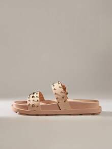 Solecia Women's New Studded Double Strap Inflated Sole Gold Buckle Lotus Root Pink Sandals, Casual Holiday Vacation Style - Dusty Pink - View 3