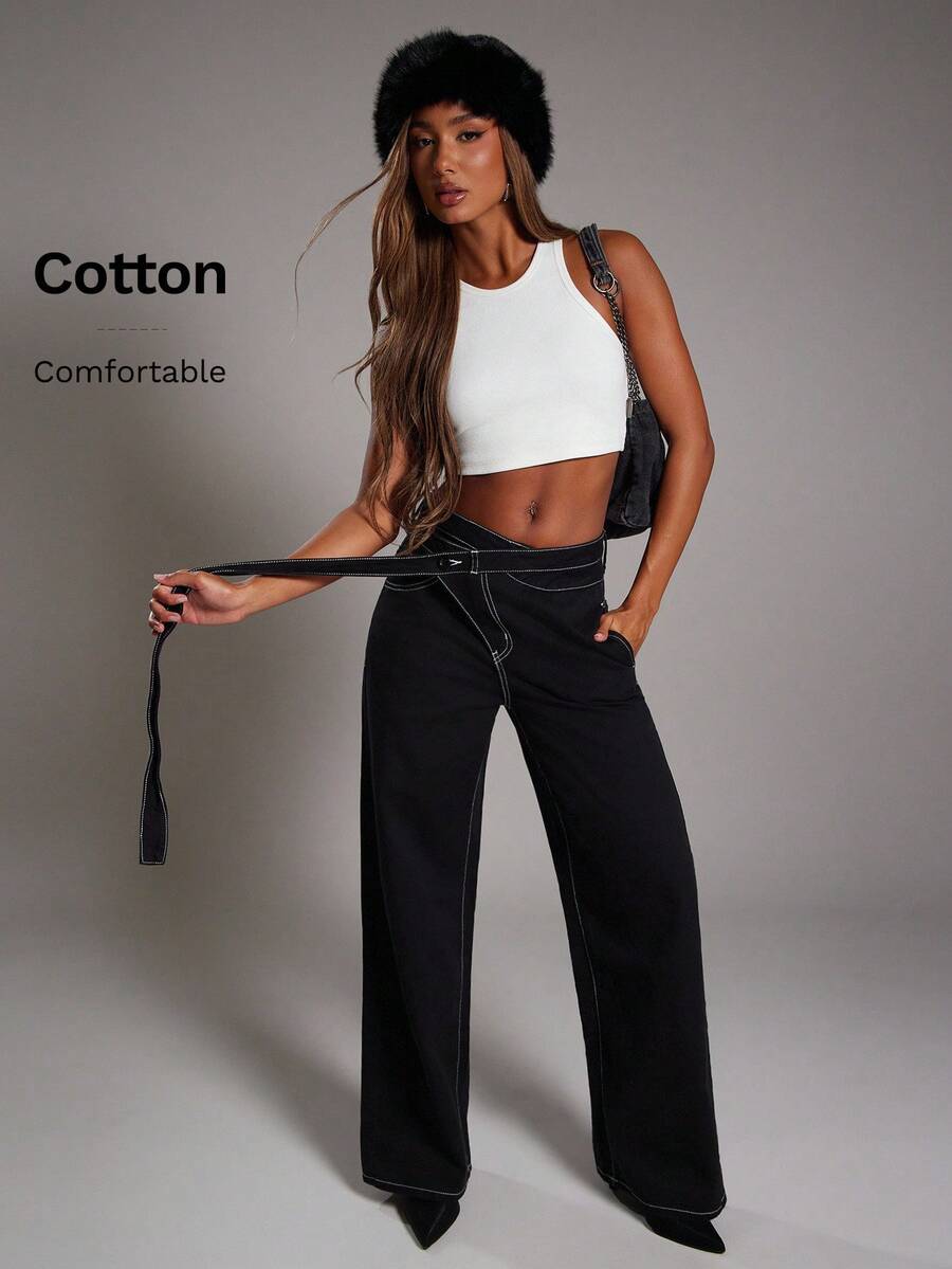 NYA SZN Pantalón vaquero de tiro alto, pierna recta, con bolsillos cargo, banda cruzada, técnico, casual de uso diario, vintage, streetwear, Y2K, grunge, para salir de noche, otoño, verano, adecuado para ir al trabajo, declaración, festival, Día del Rey, para mujeres - Negro - Ver 1