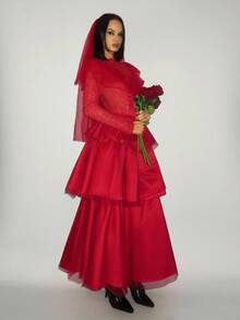 SHEIN ICON Women's Long Ghost Bride Cosplay Costume For Halloween Party,Includes Veil,Red Skirt Dress,Autumn Elegant Gown,Organza Modest Najma Dresses For Women - Cherry Red - View 5