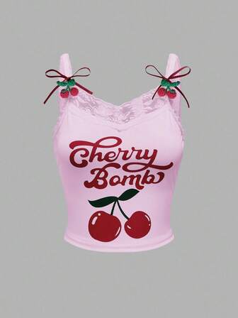 Kawaii Débardeur casual pour femmes avec imprimé cerise et garniture en dentelle