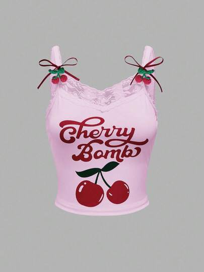Kawaii Camiseta de tirantes casual de mujer con estampado de cerezas y ribete de encaje
