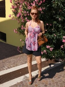 Gretanique Damen Sommer Spaghetti-Träger Elastische Taillenbindung Lässige Urlaubs Blumen-Muster Durchsichtig Mesh Rückenfrei Top - Verschiedenfarbig - Übersicht 5