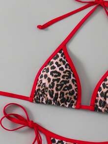 Swim Vcay Women's Halter Neck Backless Leopard Print Patchwork Bikini Top And Bottom Casual Suit Summer - Multicolor - View 3