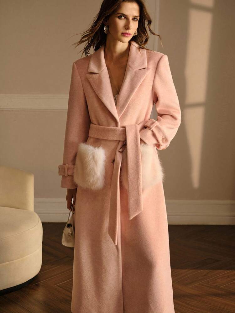 WOOL PEAK COLLAR WAIST CONTRAST FLUFFY POCKET OVERCOAT, MINIMALIST & ELEGANT