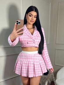 SHEIN SXY Women's Button Front Long Sleeve Houndstooth Print Blouse And Pleated Skirt Suit Set Casual Sexy Autumn Winter Casual Elegant Sexy Party New Year Christmas Halloween - Multicolor - View 4